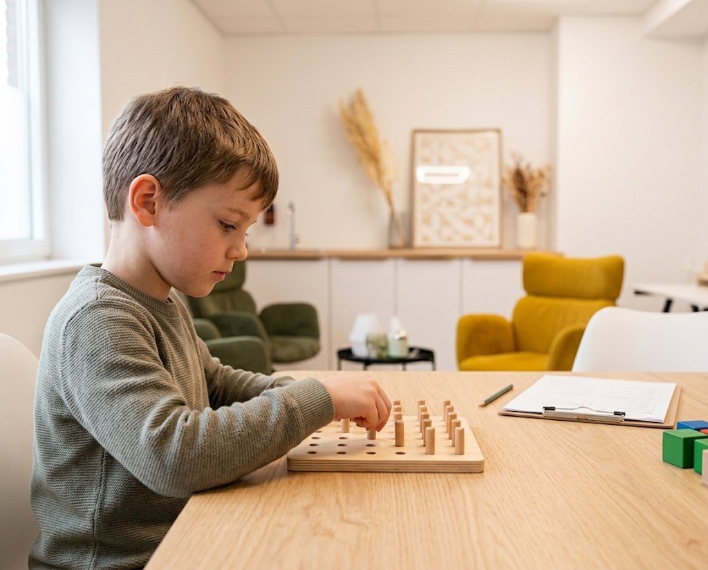Un enfant réalise un exercice pendant un bilan d'ergothérapie