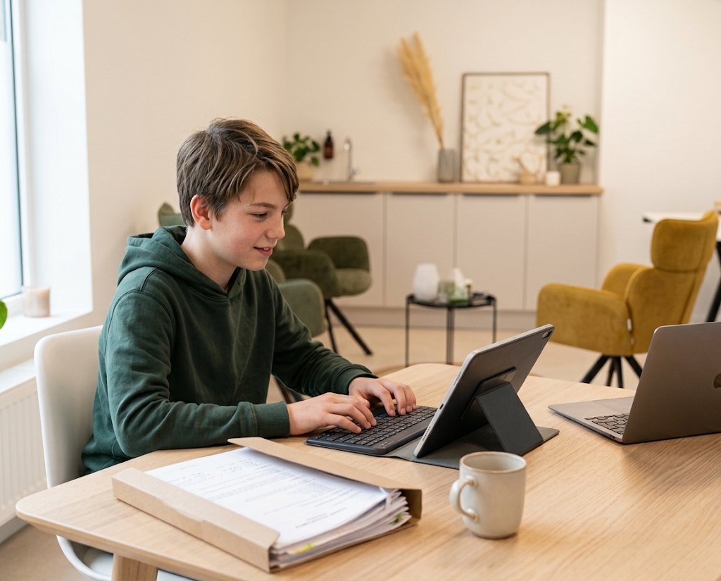 Un adolescent tape ses cours sur une tablette avec clavier